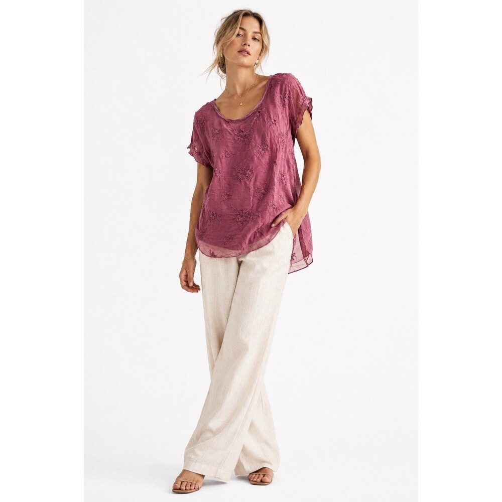 Nicole Pink Silk Tonal Embroidered Floral Layered Blouse Top Size S Open Back